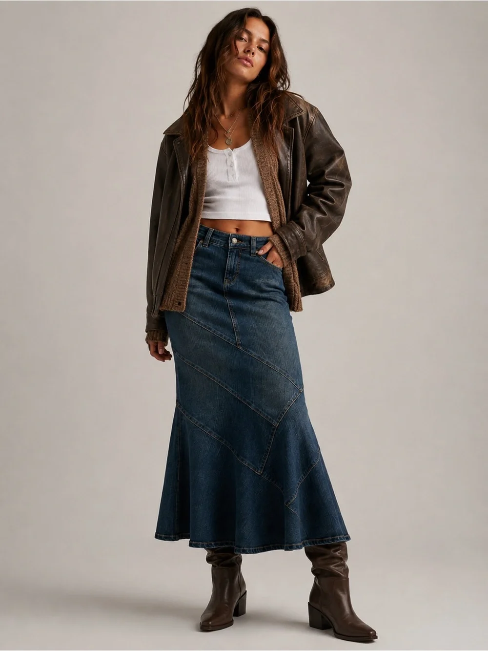 Vintage Y2K Hot Kiss Denim Maxi Jean Skirt Low Rise Mermaid Patchwork Stretch
